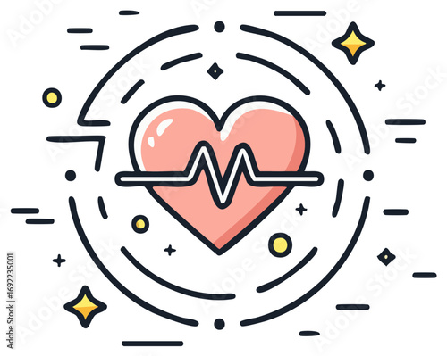 Heartbeat pulse wave symbol inside abstract medical circle with stars and lines