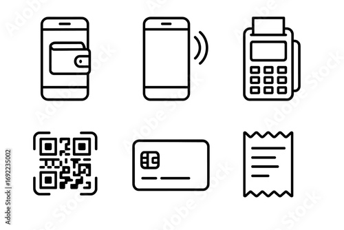 Digital payment icons: mobile wallet, contactless, pos, qr code, card, receipt