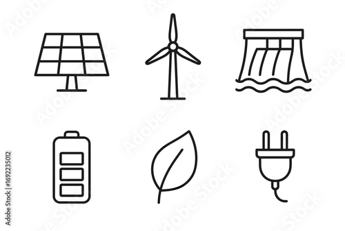 Renewable energy icons: solar, wind, hydro, battery, leaf, plug symbols