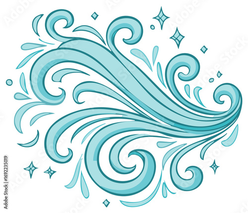 Decorative swirling blue wind gust with sparkles and curls illustration