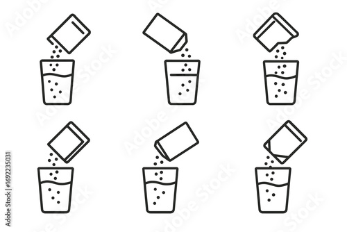 Simple line art of six glasses with sugar packet pouring