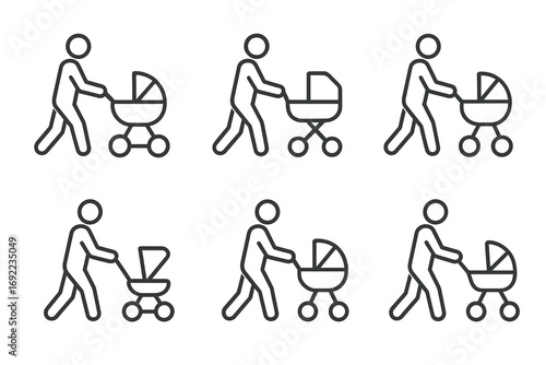 Simple line icons of people pushing baby strollers
