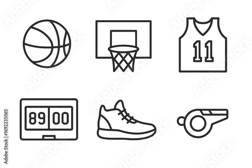 Basketball icons: ball, hoop, jersey, scoreboard, shoe, whistle line art set