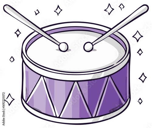 Vibrant purple drum with drumsticks cartoon illustration sparkling musical instrument for rhythm and sound