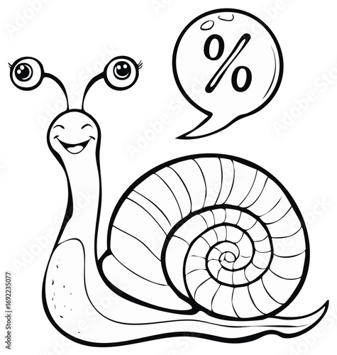 Cartoon Snail with Percentage Sign Thinking Bubble Black and White Illustration