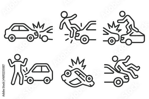 Vector illustrations of traffic incidents involving stick figures and cars