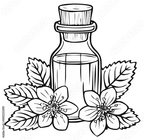 Essential oil bottle with flowers and leaves, herbal medicine illustration