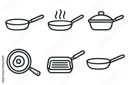Set of six minimalist frying pan icons for kitchen design