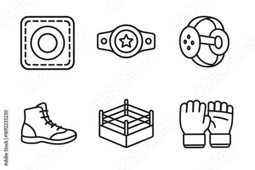 Boxing equipment icons: gloves, ring, shoe, weights, belt, protector