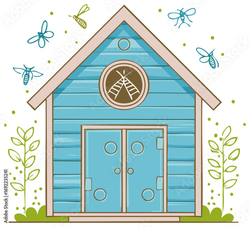 Stylized Blue Shed Illustration with Plants and Insects for Nature Theme