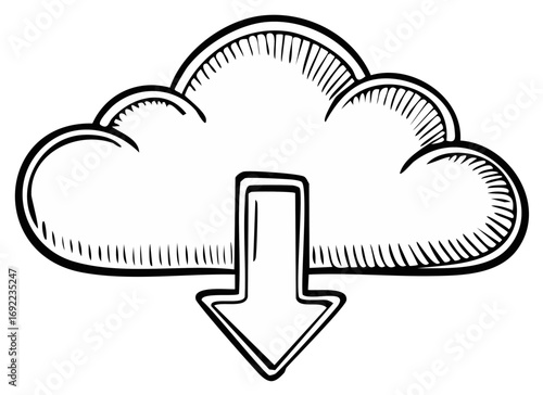 Doodle Cloud with Download Arrow Sketch Style Icon Simple Line Graphic