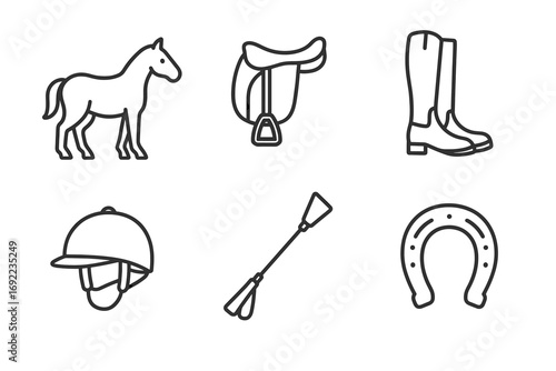 Equestrian equipment icons: horse, saddle, riding boots, helmet, crop, horseshoe