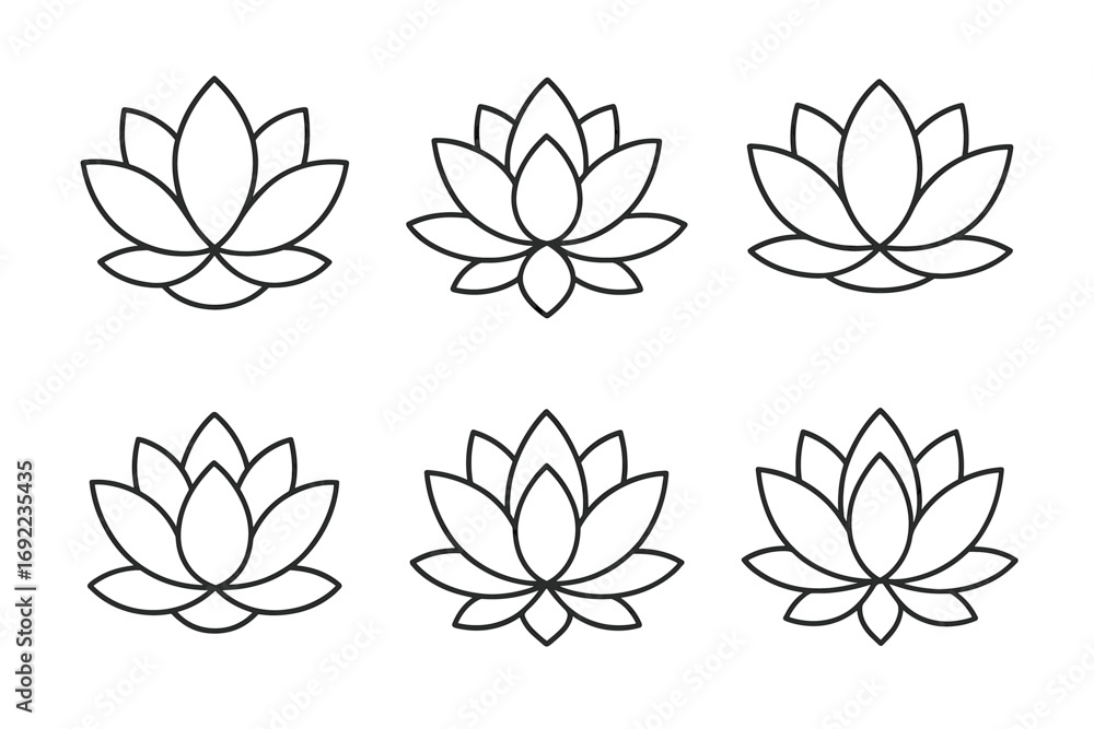 Obraz premium Set of six lotus flower outlines in minimalist black and white design