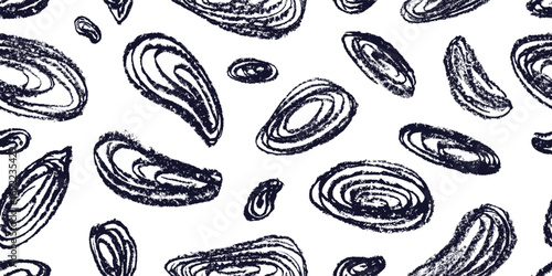 Oysters, mussels ink seamless pattern. Seashells