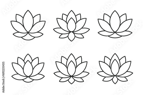 Set of six lotus flower outlines in minimalist black and white design