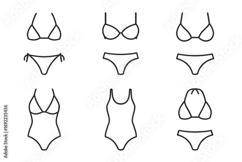 Outline drawings of various swimsuit styles for women