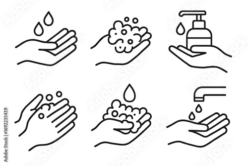 Hand washing line art: soap, bubbles, and sanitizer in hygiene guide