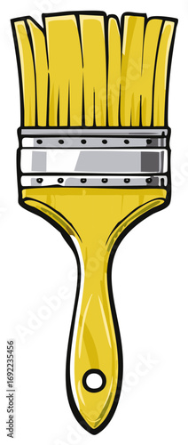 Illustration of a yellow paint brush with metallic details used for art, decoration, painting, and applying material on surfaces.