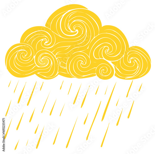 Whimsical Hand Drawn Yellow Cloud with Raining Golden Droplets