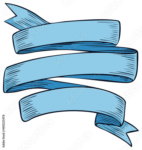 Winding Blue Ribbon Banner Illustration with Antique Style Hatching for Message Display