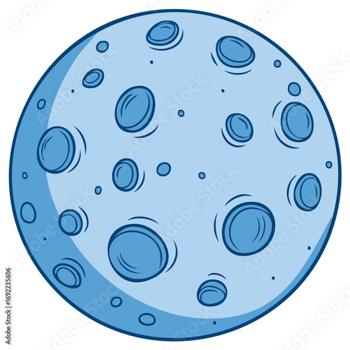 Cartoon style Moon with lunar craters and shaded blue glow, astronomy, space