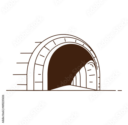 Illustrated tunnel entrance artwork in simple line style with a brown and white color scheme
