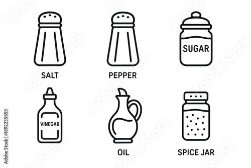 Minimalist icon set of salt, pepper, sugar, vinegar, oil, and spice jar
