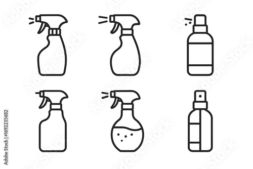 Set of six spray bottle outlines for cleaning and personal care