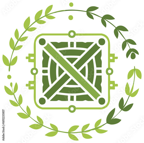 Sustainable technology logo concept with a processor emblem inside a green plant wreath