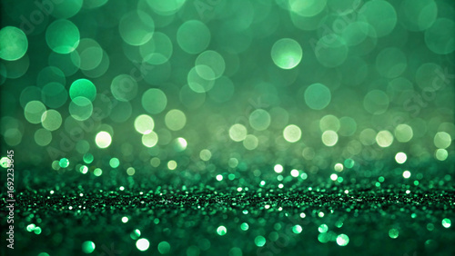 Sparkling green bokeh lights with glittery particles creating magical festive atmosphere with soft focused circular light effects background design.