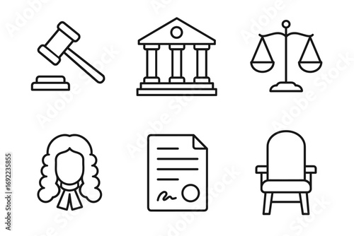 Set of legal icons: gavel, courthouse, scales of justice, wig, document, chair