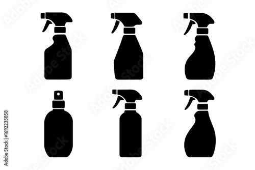 Set of six black spray bottle silhouettes on white background