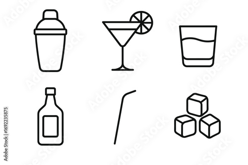 Cocktail essentials: shaker, martini glass, tumbler, syrup, straw, ice cubes