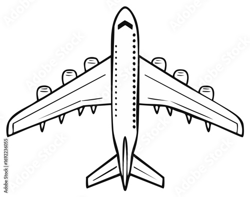 Simple Line Drawing of Airplane Top View with Many Engines, Airline Illustration
