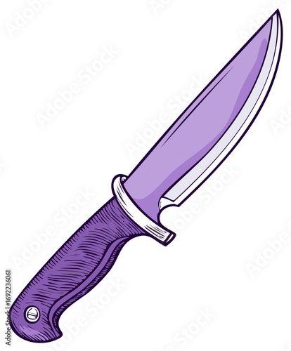 Illustration of a purple knife with a silver blade. Detailed drawing of a sharp knife
