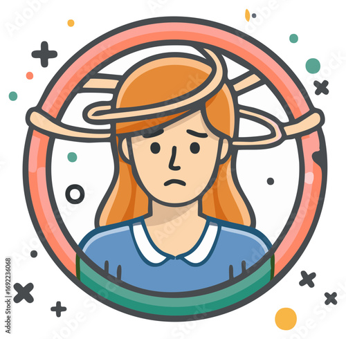 Frustrated woman trapped in a circular maze of thoughts