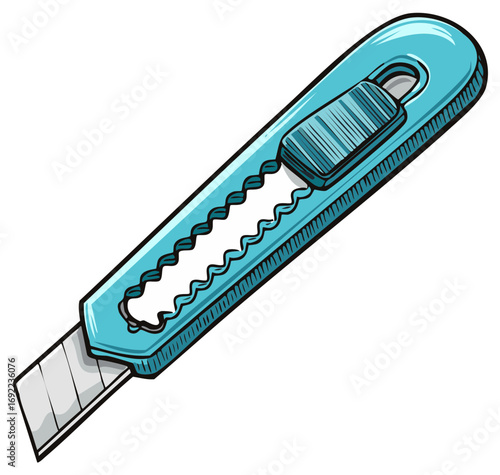 Illustration of Turquoise Box Cutter with Retractable Blade for Crafting and Utility Uses