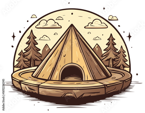 Illustrated camping scene with teepee tent, mountains, trees, clouds, and stars within a circular landscape.