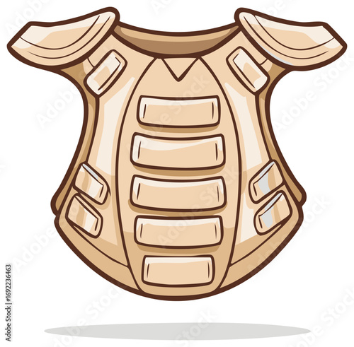 Illustration of body armor with shoulder pads and plate design on chest for safety and protection.