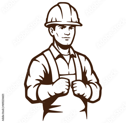Professional construction worker wearing protective hard hat and overalls in vector illustration