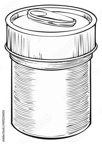 Monochrome Sketch of Blank Can for Drink or Food Storage with a Silver Tab and Detailed Lines for a Vintage Aesthetic