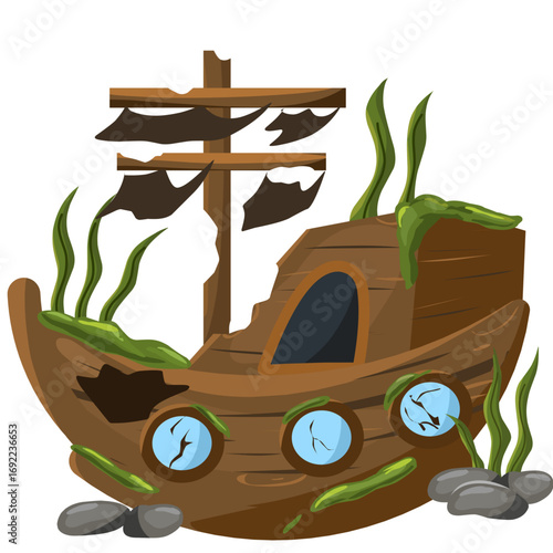 clipart illustration of a sunken and damaged wooden ship that has been overgrown with moss and seaweed and surrounding rocks
