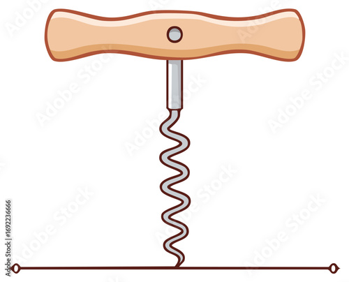Classic corkscrew with wooden handle ready to uncork wine bottle