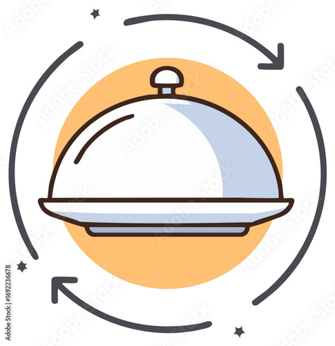 Meal delivery and refresh service icon with covered food dish and circular arrows