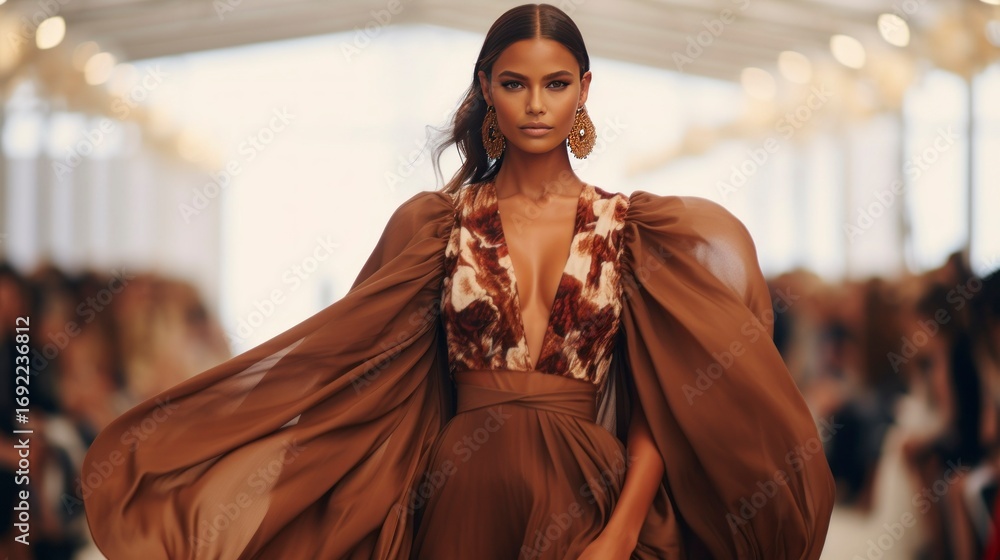 Naklejka premium American shot of a Mexican woman walking forward on the runway 