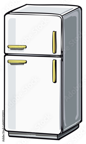 White Refrigerator Cartoon Illustration with Freezer Compartment and Gold Handles