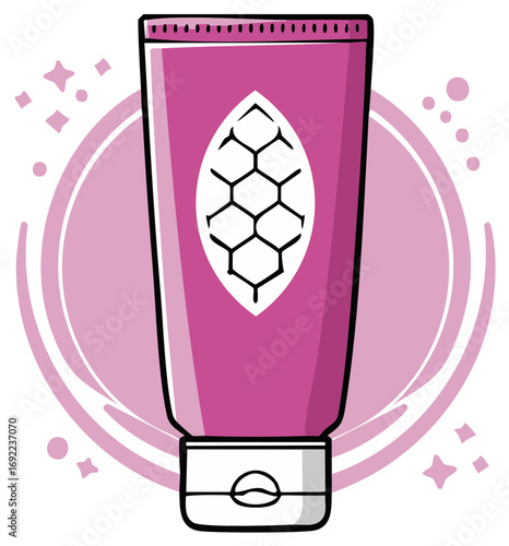 Vibrant pink cosmetic tube with a honeycomb logo for natural honey skincare product vector illustration