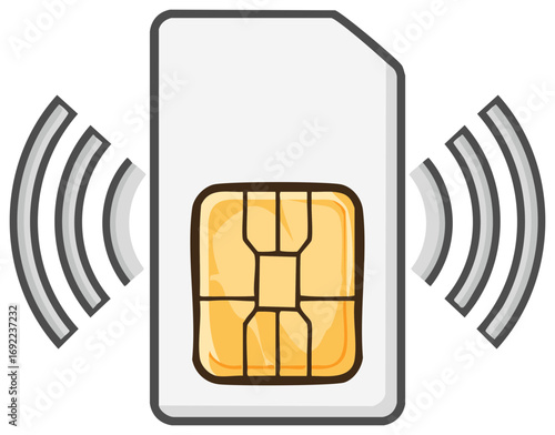 Cartoon SIM card transmitting a wireless signal for mobile communication