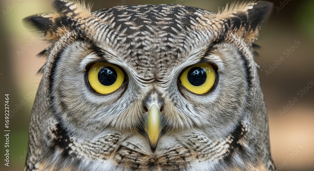 Fototapeta premium Alert close-up of a majestic Great Horned Owl with bright yellow eyes, looking attentively in its natural habitat.