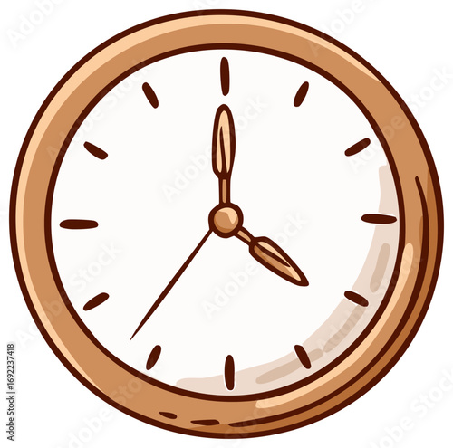 Simple hand drawn cartoon illustration of a classic round analog wall clock with a brown frame